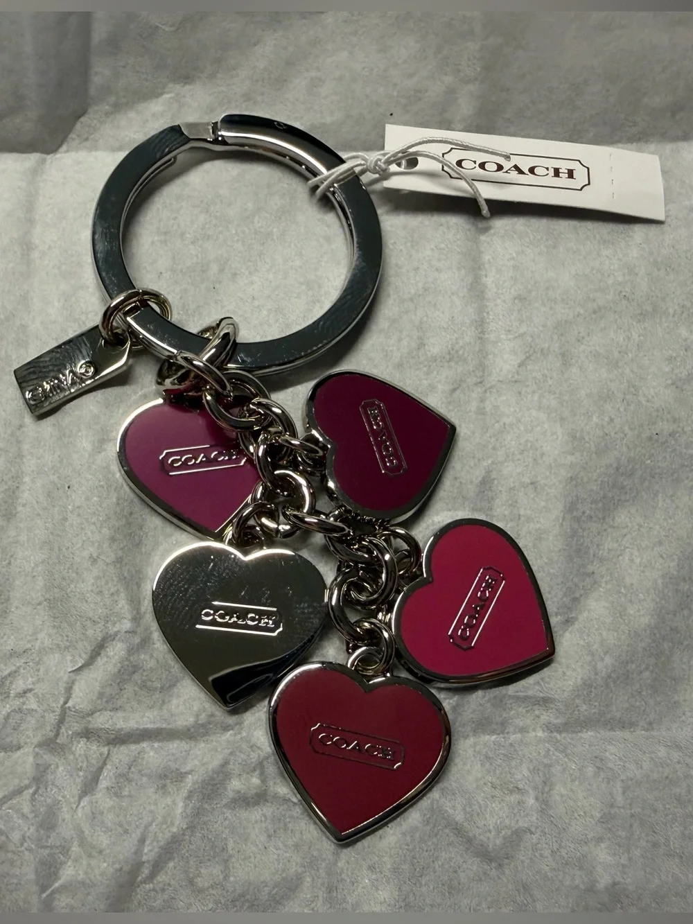 NWT COACH Heart Mix Keychain Fob, Silver Maroon Pink F66398